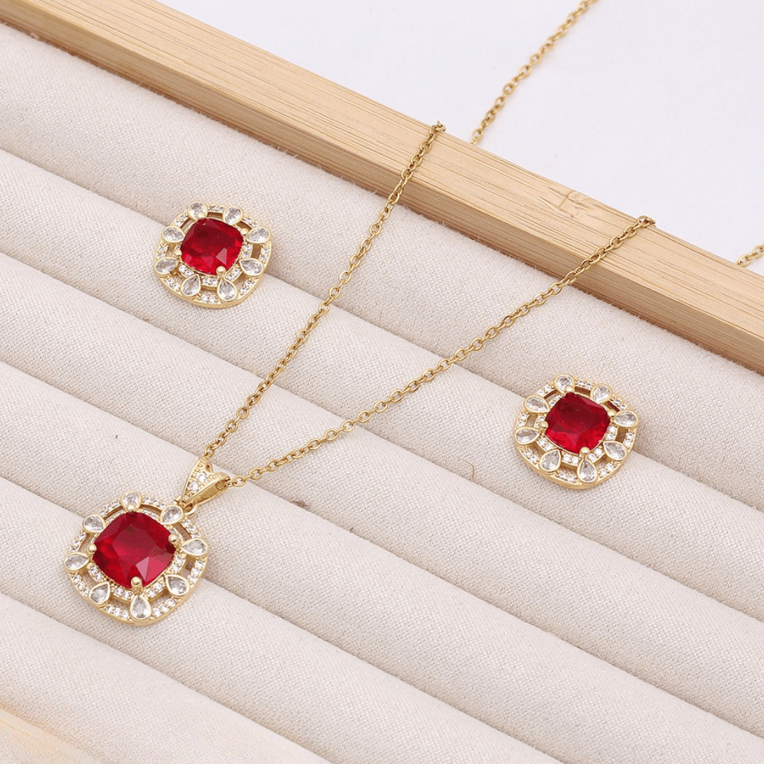 Square ruby pendant set
